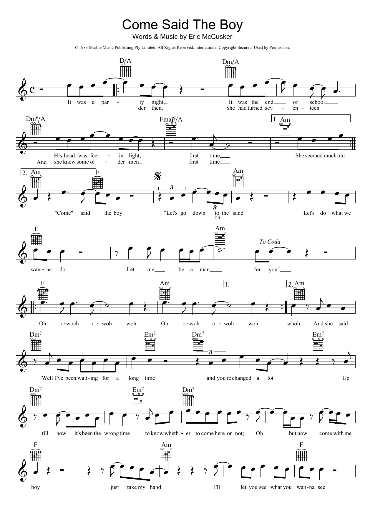 Mondo Rock Come Said The Boy Sheet Music Notes & Chords for Melody Line, Lyrics & Chords - Download or Print PDF
