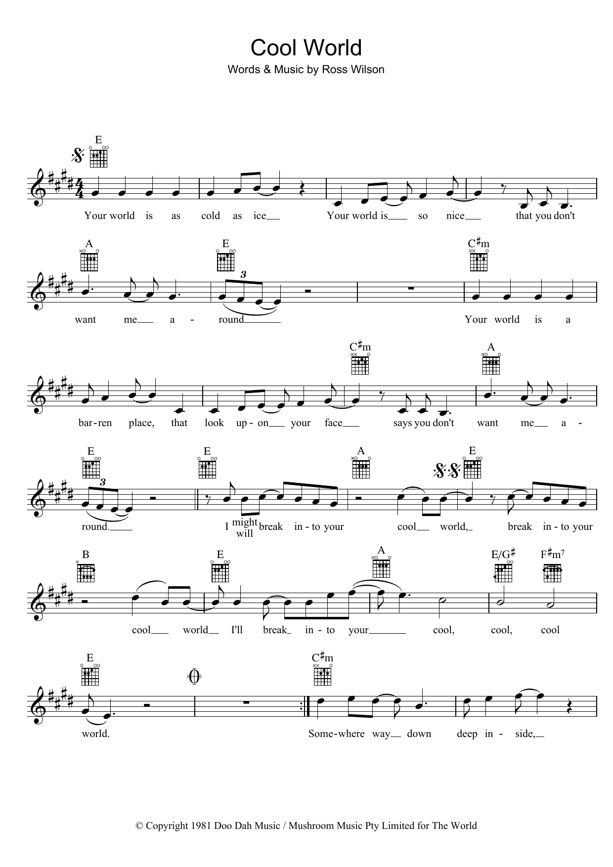 Mondo Rock Cool World Sheet Music Notes & Chords for Piano, Vocal & Guitar (Right-Hand Melody) - Download or Print PDF