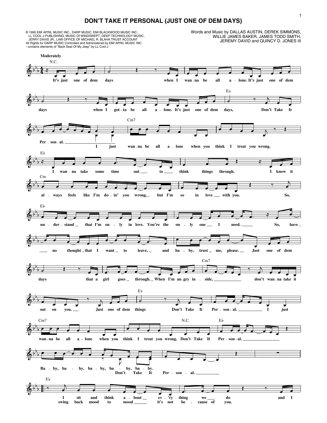 Monica Don't Take It Personal (Just One Of Dem Days) Sheet Music Notes & Chords for Lead Sheet / Fake Book - Download or Print PDF