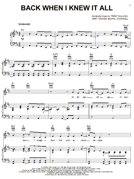 Montgomery Gentry Back When I Knew It All Sheet Music Notes & Chords for Piano, Vocal & Guitar (Right-Hand Melody) - Download or Print PDF