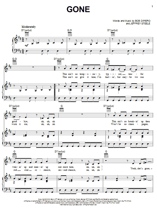 Montgomery Gentry Gone Sheet Music Notes & Chords for Piano, Vocal & Guitar (Right-Hand Melody) - Download or Print PDF
