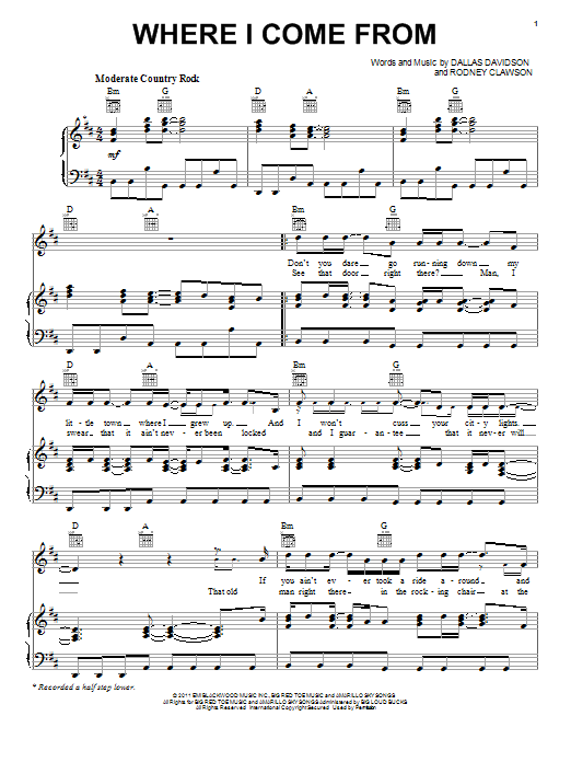Montgomery Gentry Where I Come From Sheet Music Notes & Chords for Piano, Vocal & Guitar (Right-Hand Melody) - Download or Print PDF