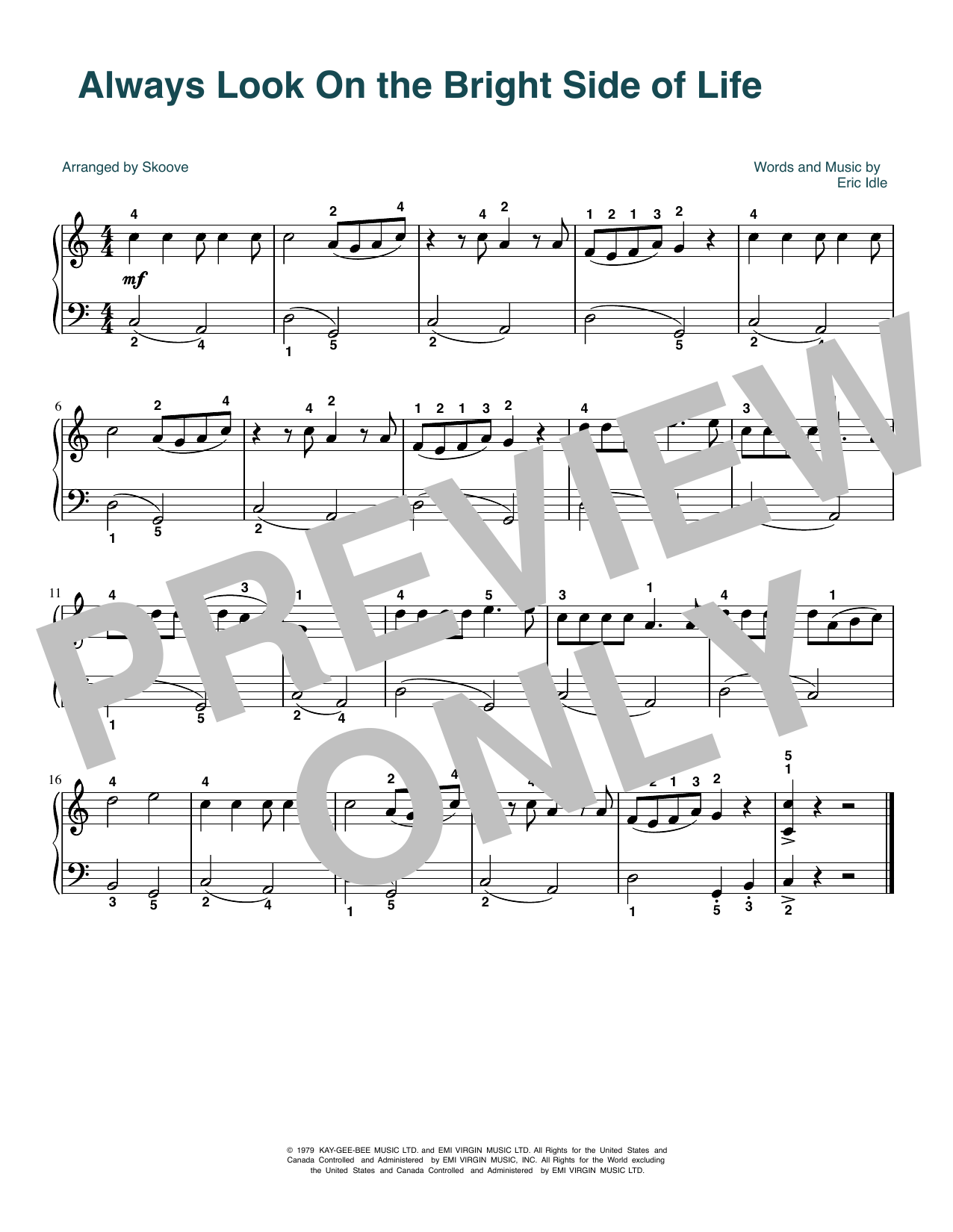 Monty Python Always Look On The Bright Side Of Life (arr. Skoove) Sheet Music Notes & Chords for Beginner Piano (Abridged) - Download or Print PDF