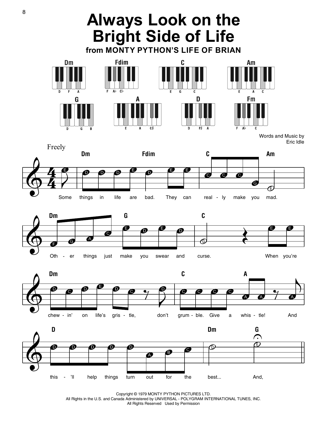Monty Python Always Look On The Bright Side Of Life (from Spamalot) Sheet Music Notes & Chords for Super Easy Piano - Download or Print PDF Monty Python Always Look On The Bright Side Of Life (from Spamalot) Sheet Music Notes & Chords for Super Easy Piano - Download or Print PDF