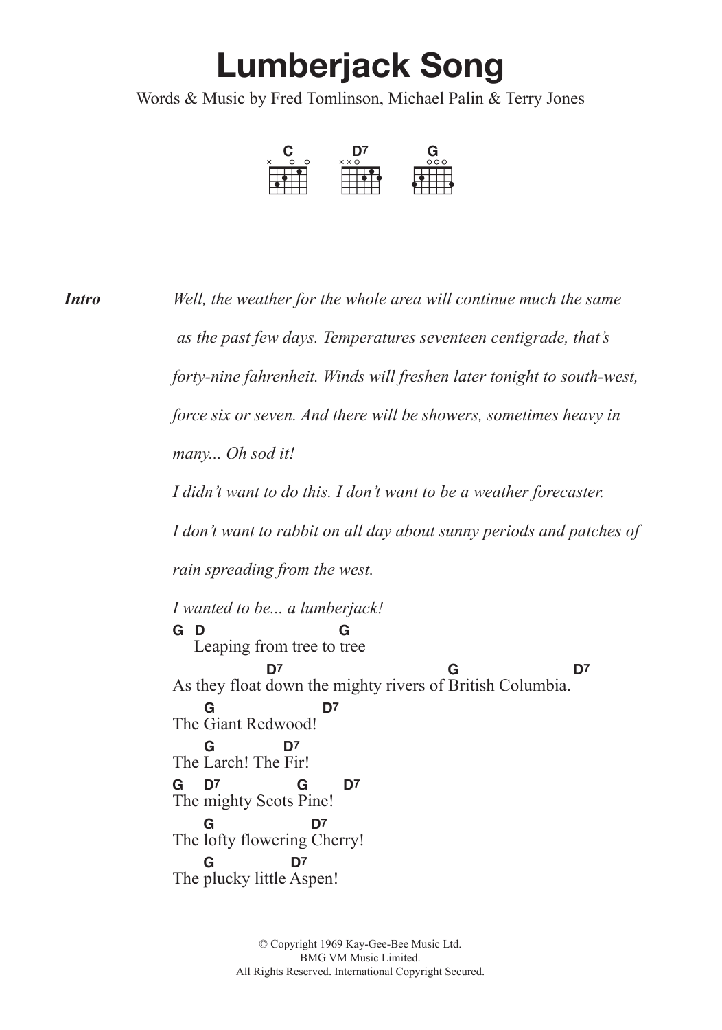 Monty Python Lumberjack Song Sheet Music Notes & Chords for Lyrics & Chords - Download or Print PDF