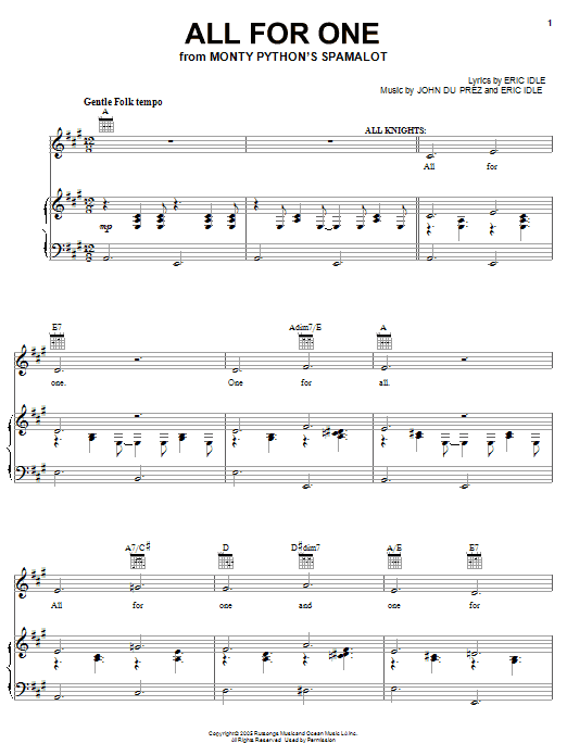 Monty Python's Spamalot All For One Sheet Music Notes & Chords for Piano, Vocal & Guitar (Right-Hand Melody) - Download or Print PDF