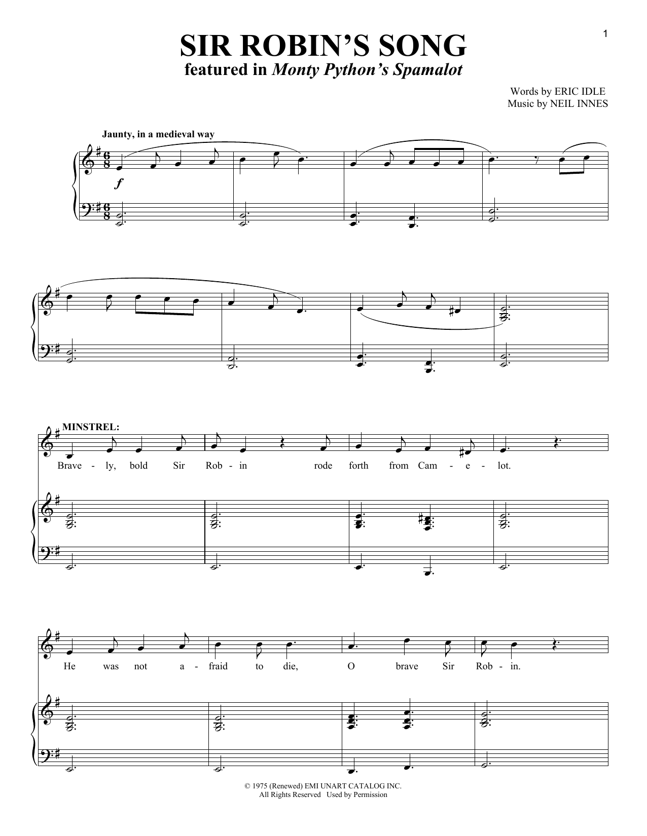 Monty Python's Spamalot Robin's Song Sheet Music Notes & Chords for Piano, Vocal & Guitar (Right-Hand Melody) - Download or Print PDF