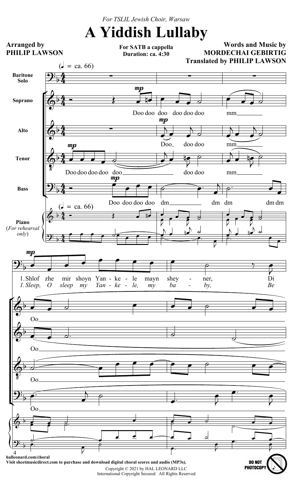 Mordechai Gebirtig A Yiddish Lullaby (arr. Philip Lawson) Sheet Music Notes & Chords for SATB Choir - Download or Print PDF