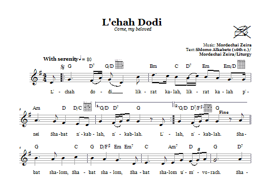 Mordechai Zeira L'chah Dodi (Come, My Beloved) Sheet Music Notes & Chords for Melody Line, Lyrics & Chords - Download or Print PDF