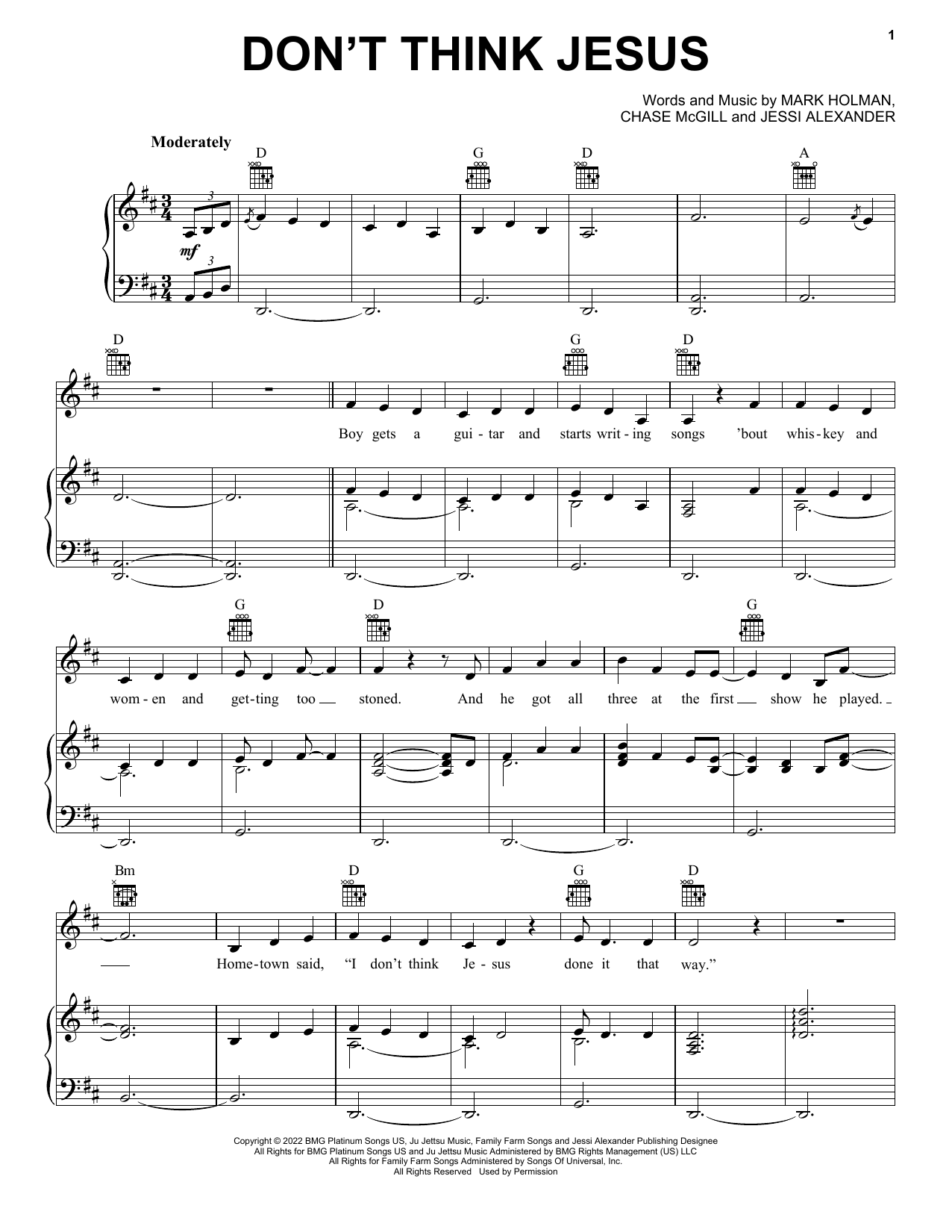 Morgan Wallen Don't Think Jesus Sheet Music Notes & Chords for Piano, Vocal & Guitar Chords (Right-Hand Melody) - Download or Print PDF