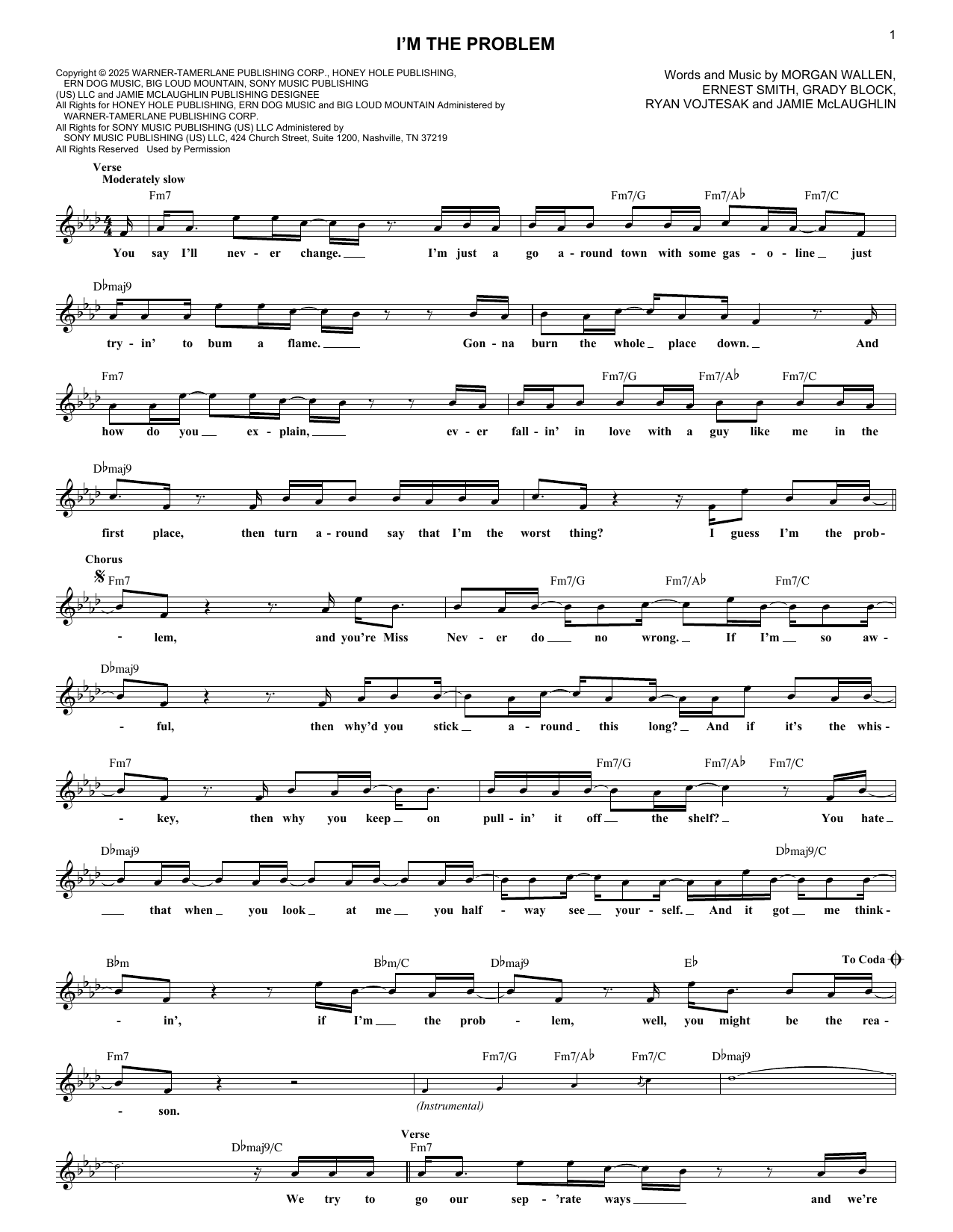 Morgan Wallen I'm The Problem Sheet Music Notes & Chords for Lead Sheet / Fake Book - Download or Print PDF Morgan Wallen I'm The Problem Sheet Music Notes & Chords for Lead Sheet / Fake Book - Download or Print PDF