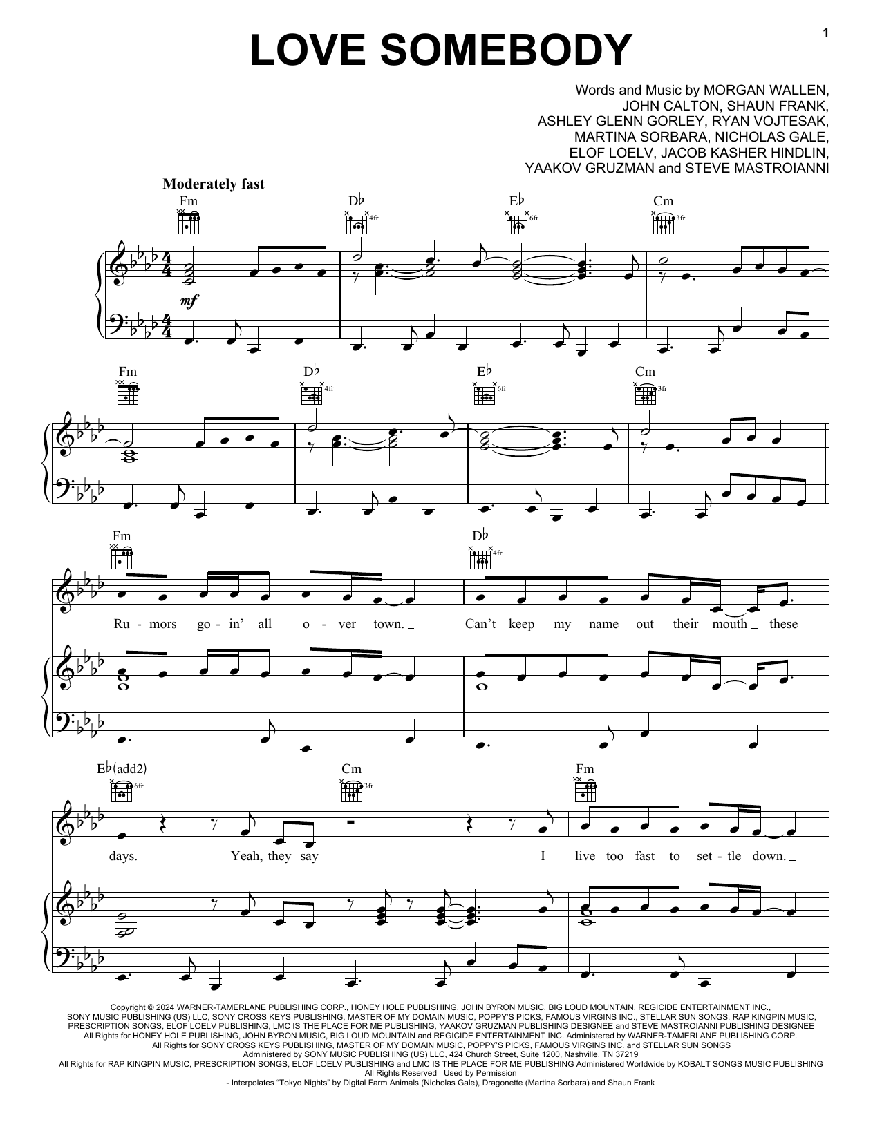 Morgan Wallen Love Somebody Sheet Music Notes & Chords for Piano, Vocal & Guitar Chords (Right-Hand Melody) - Download or Print PDF