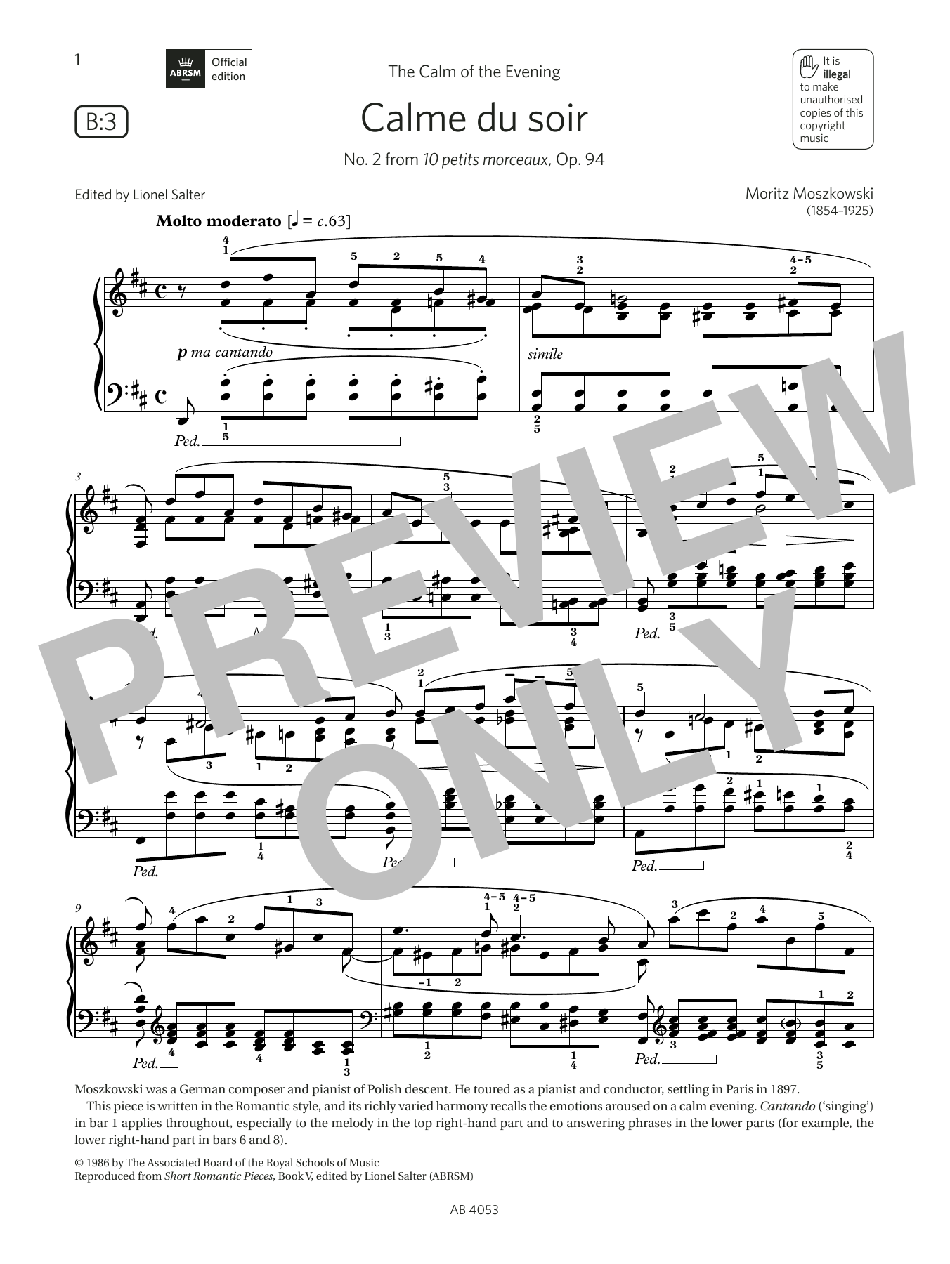 Moritz Moszkowski Calme du soir (Grade 7, list B3, from the ABRSM Piano Syllabus 2023 & 2024) Sheet Music Notes & Chords for Piano Solo - Download or Print PDF