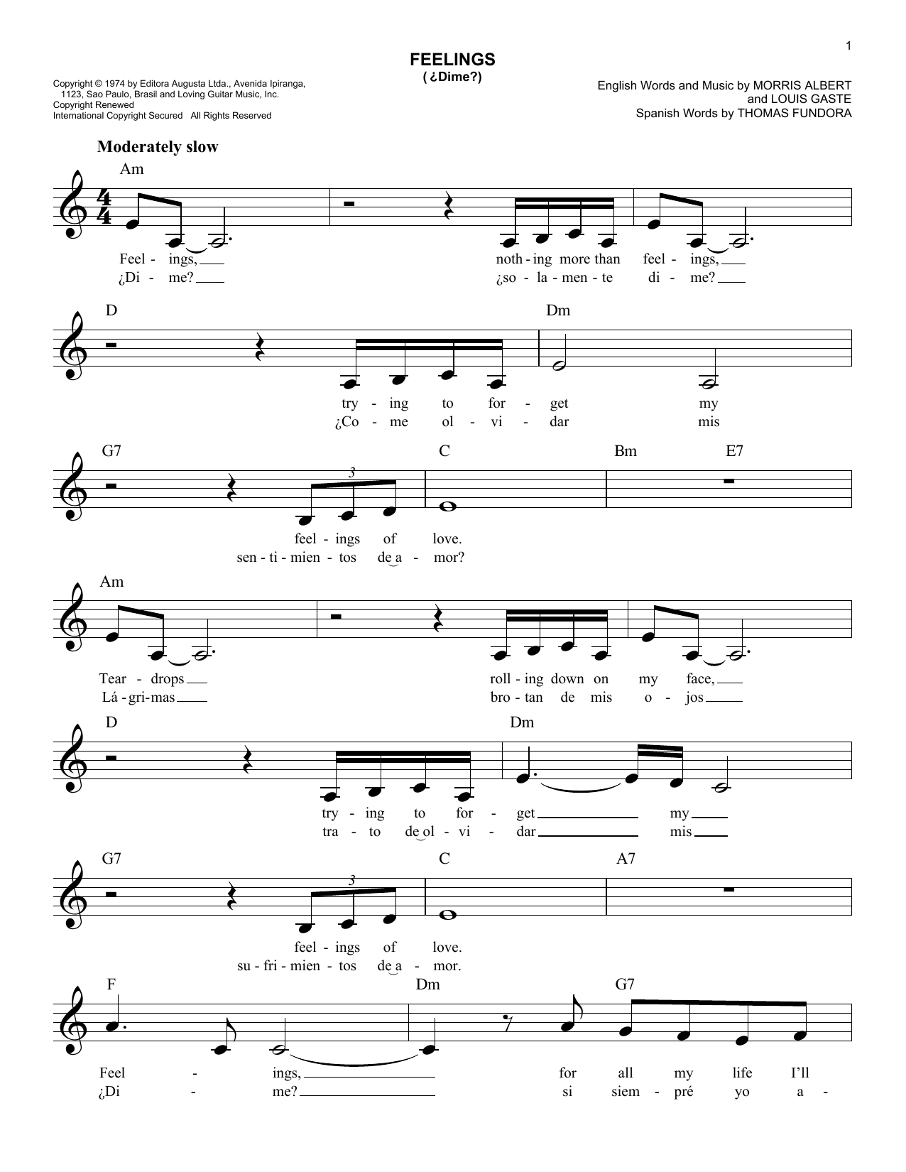 Morris Albert (Dime) Feelings Sheet Music Notes & Chords for Melody Line, Lyrics & Chords - Download or Print PDF