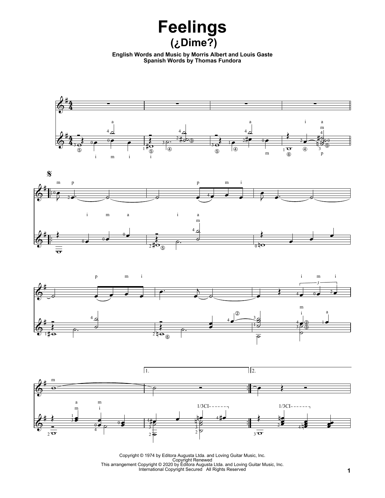 Morris Albert Feelings (¿Dime?) Sheet Music Notes & Chords for Solo Guitar - Download or Print PDF