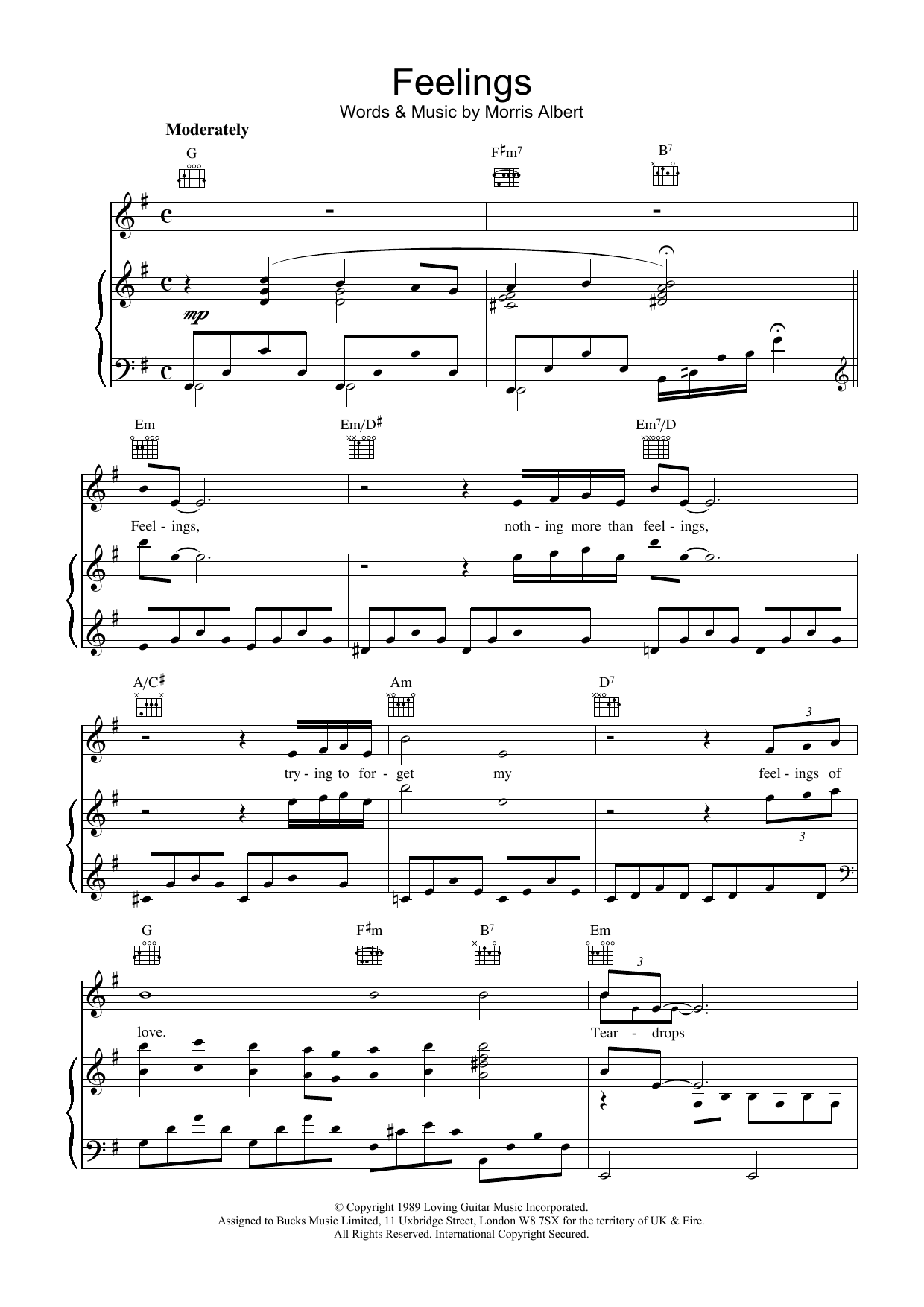 Morris Albert Feelings (Dime) Sheet Music Notes & Chords for Piano, Vocal & Guitar (Right-Hand Melody) - Download or Print PDF