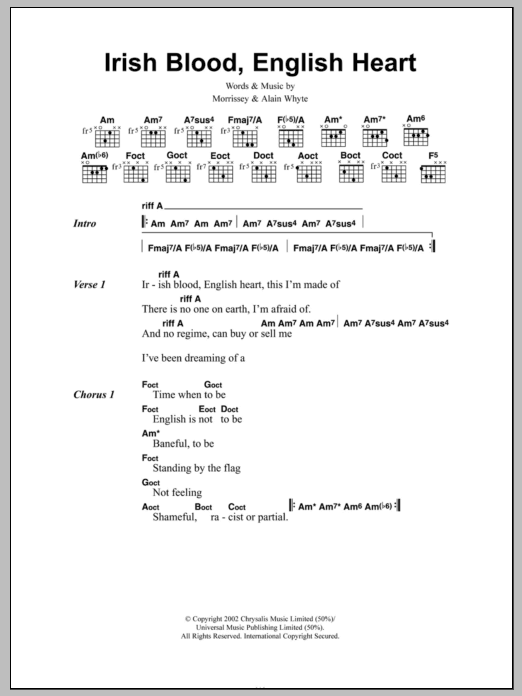 Morrissey Irish Blood, English Heart Sheet Music Notes & Chords for Lyrics & Chords - Download or Print PDF