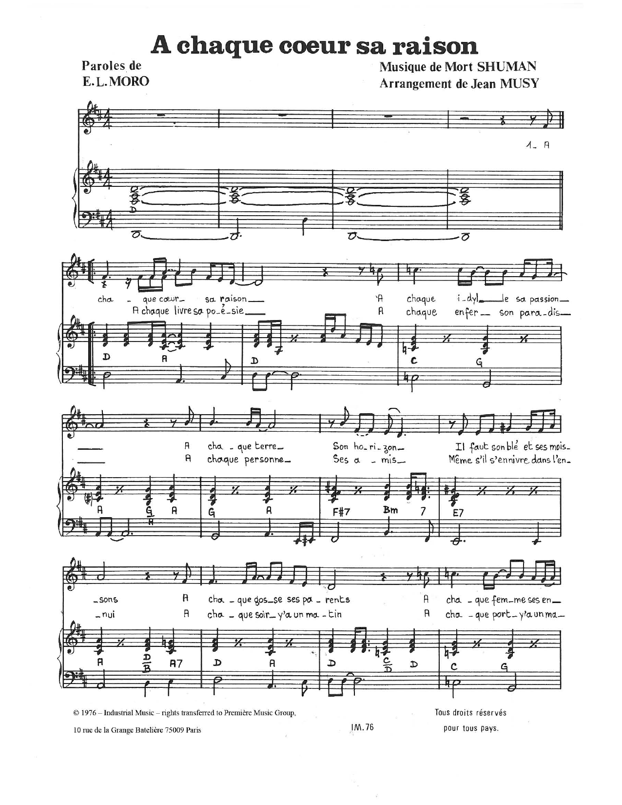 Mort Shuman A Chaque Coeur Sa Raison Sheet Music Notes & Chords for Piano & Vocal - Download or Print PDF
