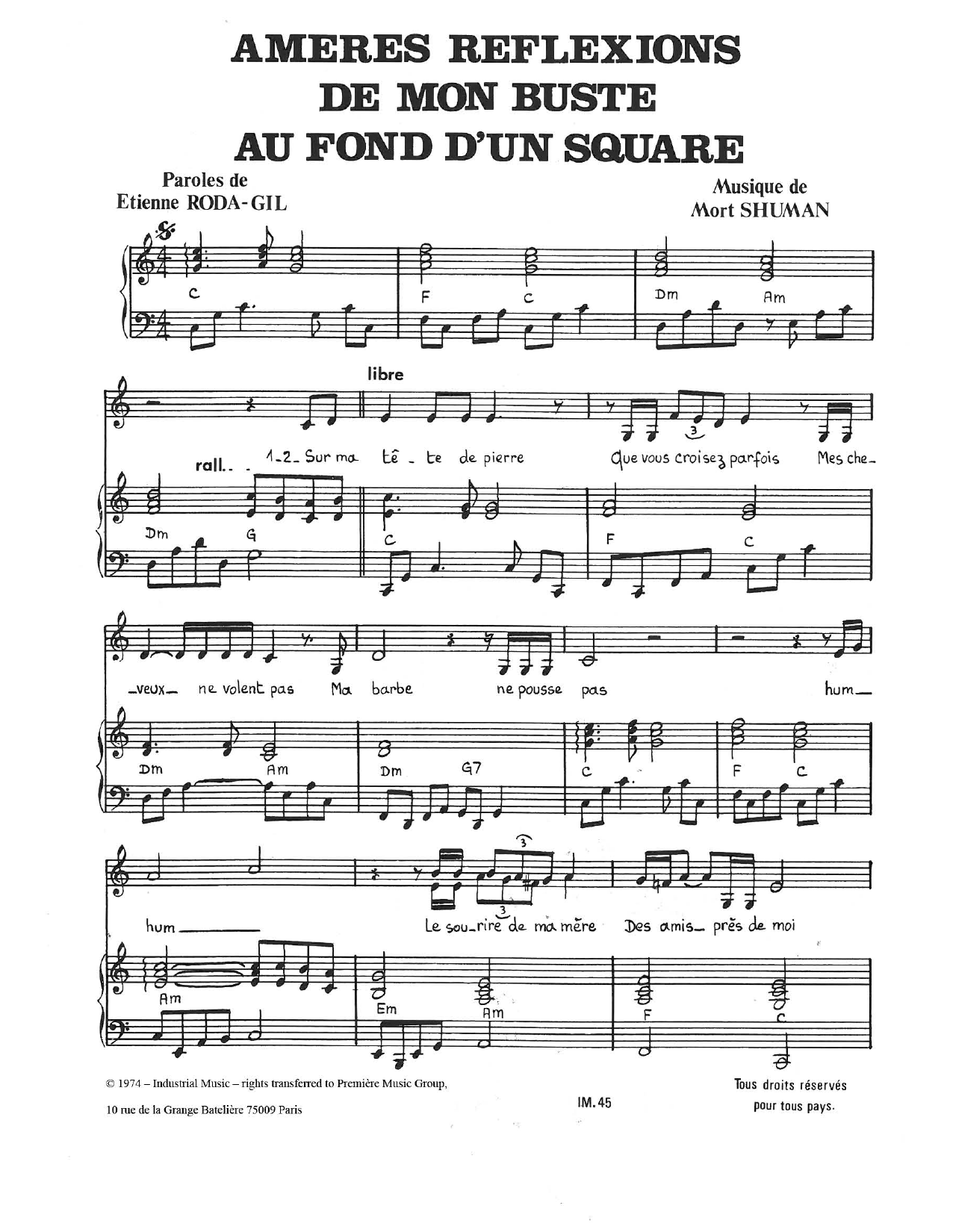 Mort Shuman Ameres Reflexions De Mon Buste Au Fond D'un Square Sheet Music Notes & Chords for Piano & Vocal - Download or Print PDF
