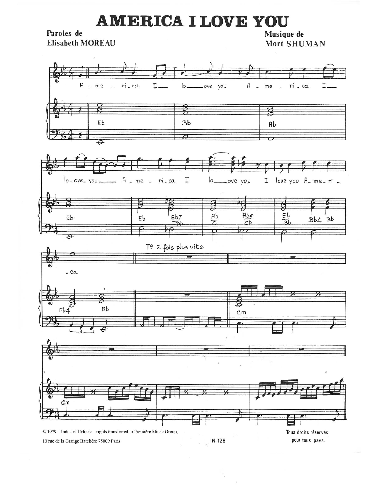 Mort Shuman America I Love You Sheet Music Notes & Chords for Piano & Vocal - Download or Print PDF