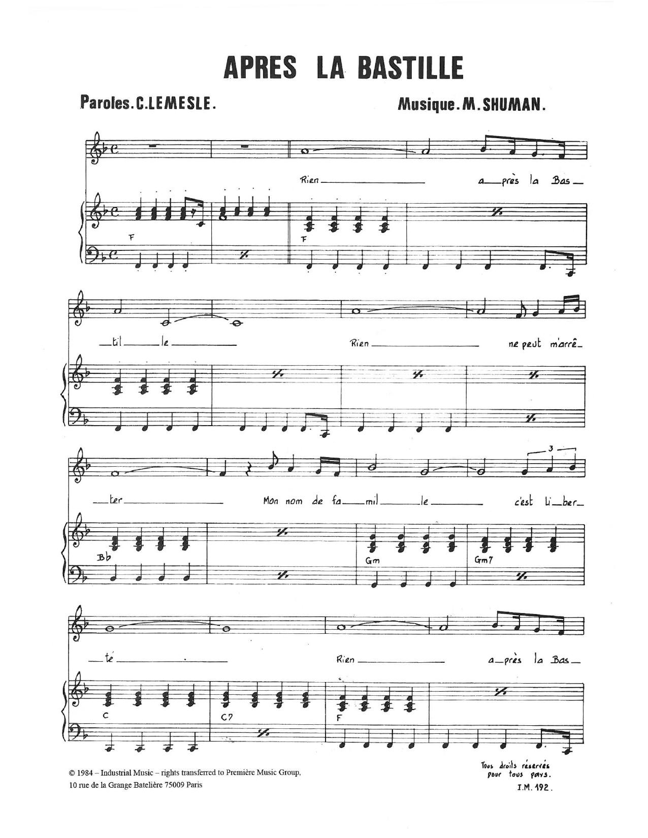 Mort Shuman Apres La Bastille Sheet Music Notes & Chords for Piano & Vocal - Download or Print PDF