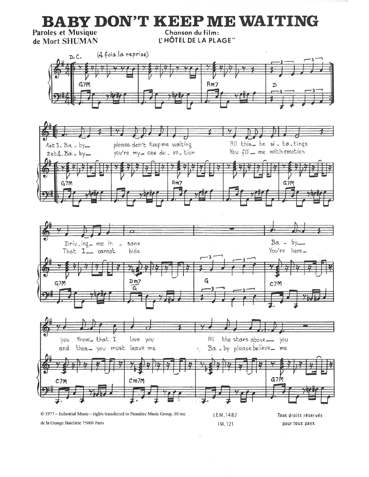 Mort Shuman Baby Don't Keep Me Wating Sheet Music Notes & Chords for Piano & Vocal - Download or Print PDF