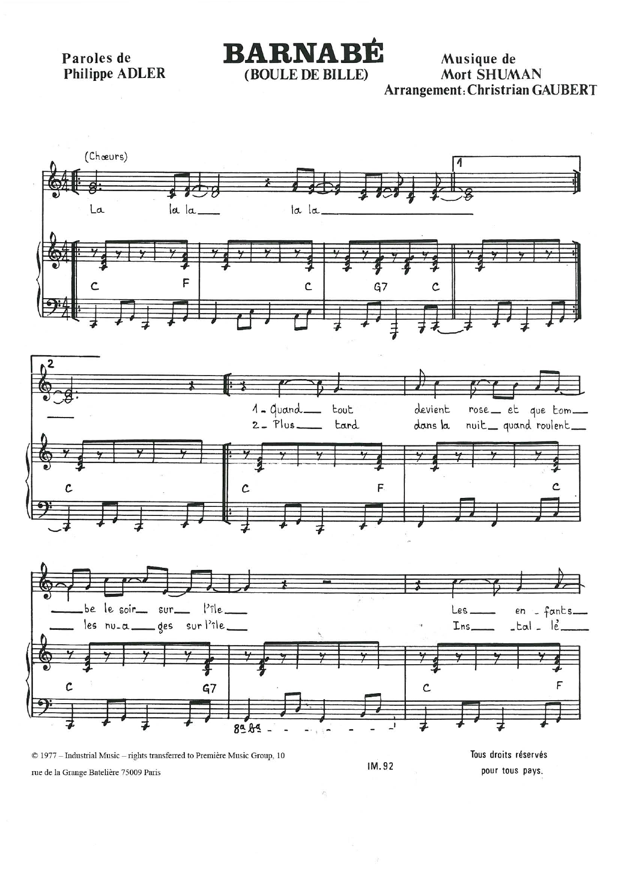 Mort Shuman Barnabe (Boule De Bille) Sheet Music Notes & Chords for Piano & Vocal - Download or Print PDF