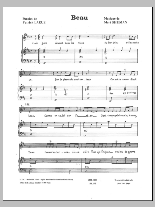 Mort Shuman Beau Sheet Music Notes & Chords for Piano & Vocal - Download or Print PDF