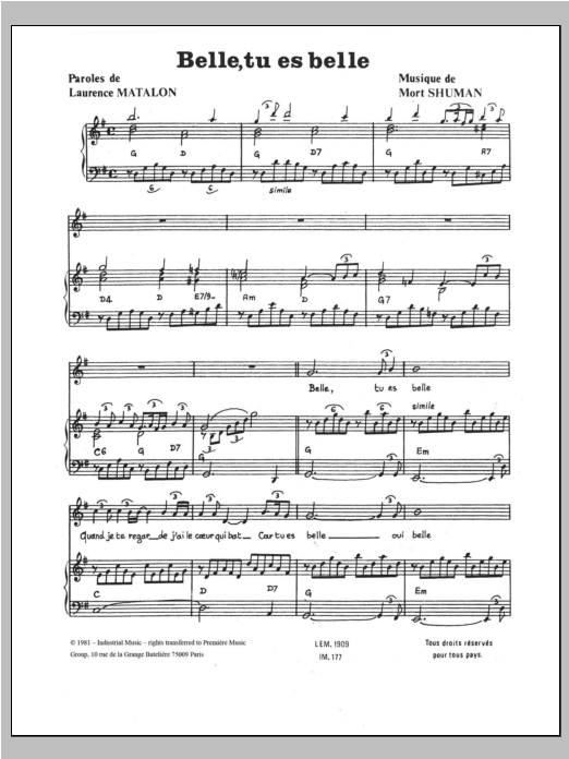 Mort Shuman Belle, Tu Es Belle Sheet Music Notes & Chords for Piano & Vocal - Download or Print PDF