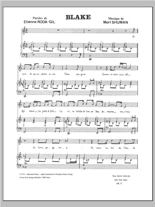 Mort Shuman Blake Sheet Music Notes & Chords for Piano & Vocal - Download or Print PDF