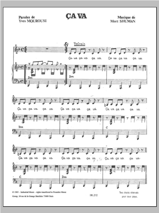 Mort Shuman Ca Va Sheet Music Notes & Chords for Piano & Vocal - Download or Print PDF