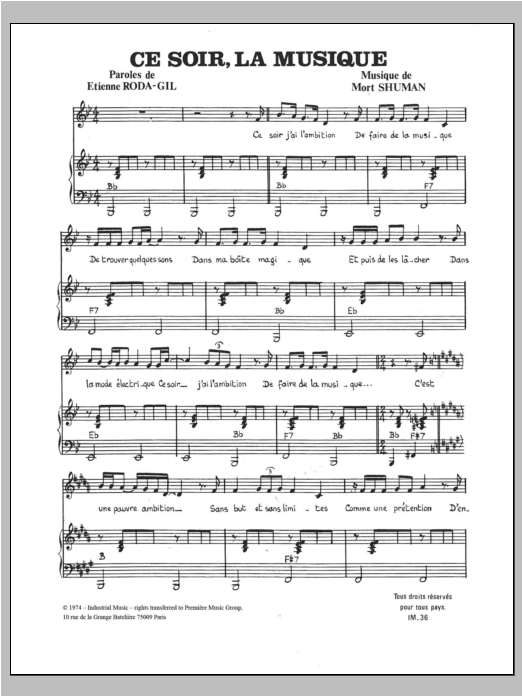 Mort Shuman Ce Soir La Musique Sheet Music Notes & Chords for Piano & Vocal - Download or Print PDF