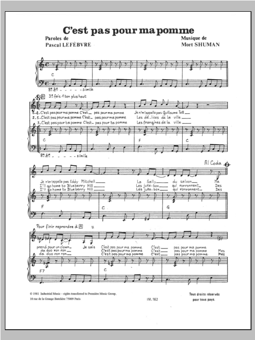 Mort Shuman C'est Pas Pour Ma Pomme Sheet Music Notes & Chords for Piano & Vocal - Download or Print PDF