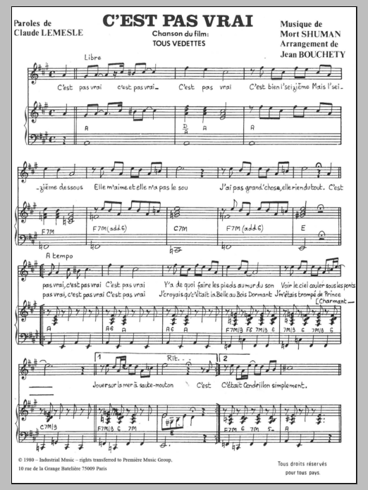 Mort Shuman C'est Pas Vrai Sheet Music Notes & Chords for Piano & Vocal - Download or Print PDF