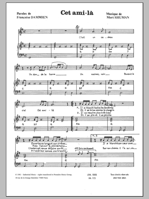 Mort Shuman Cet Ami La Sheet Music Notes & Chords for Piano & Vocal - Download or Print PDF