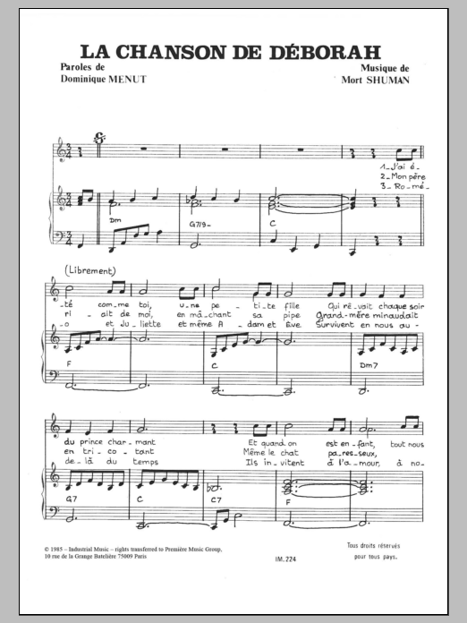 Mort Shuman Chanson De Deborah Sheet Music Notes & Chords for Piano & Vocal - Download or Print PDF