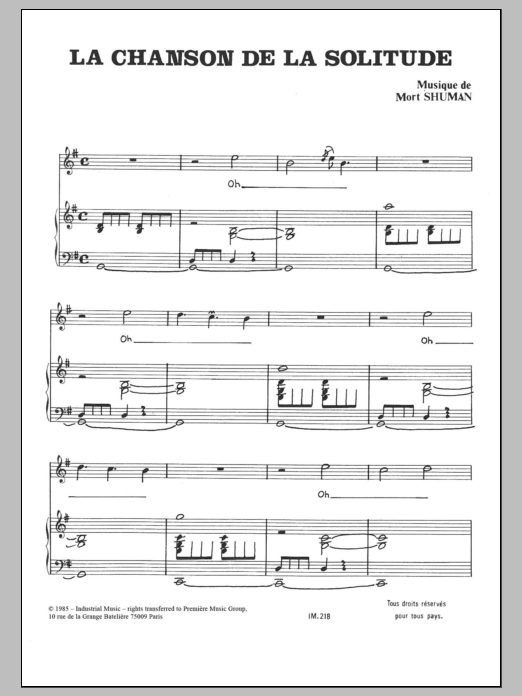 Mort Shuman Chanson De La Solitude Sheet Music Notes & Chords for Piano & Vocal - Download or Print PDF