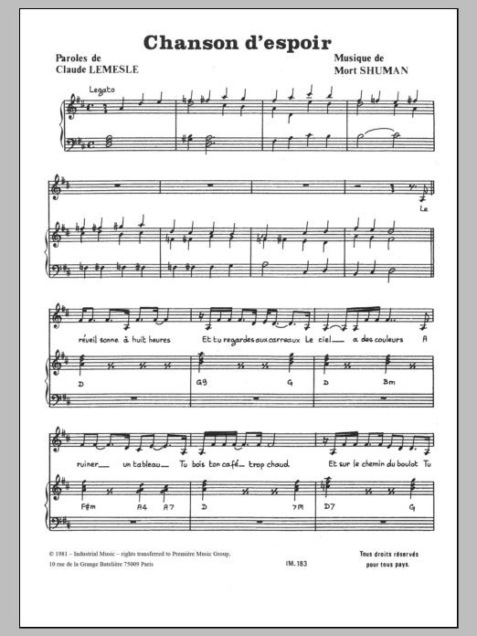 Mort Shuman Chanson D'espoir Sheet Music Notes & Chords for Piano & Vocal - Download or Print PDF