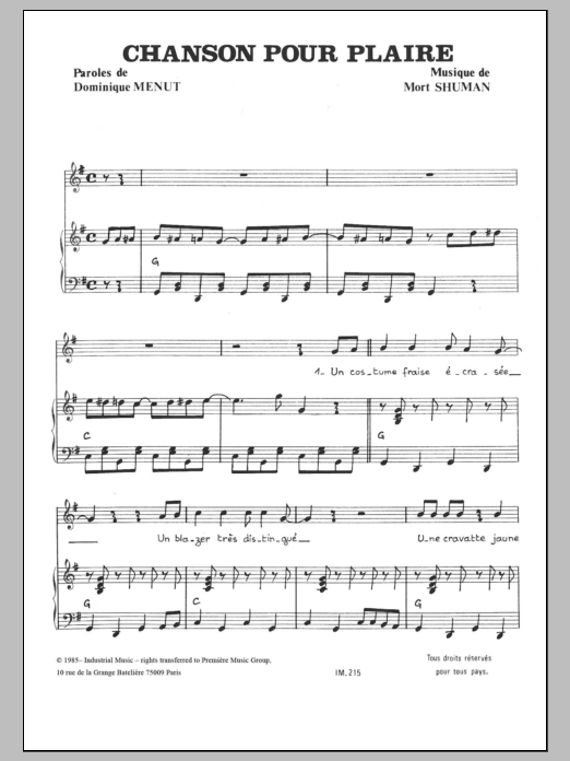 Mort Shuman Chanson Pour Plaire Sheet Music Notes & Chords for Piano & Vocal - Download or Print PDF