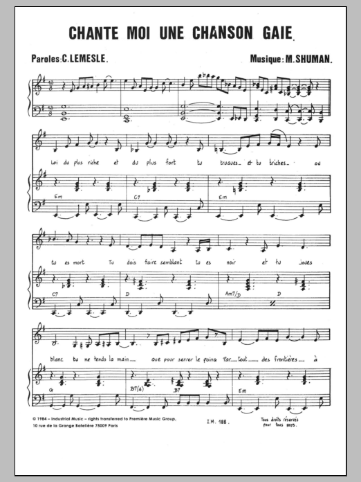 Mort Shuman Chante Moi Une Chanson Gaie Sheet Music Notes & Chords for Piano & Vocal - Download or Print PDF