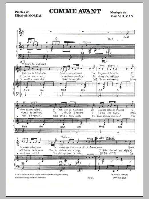 Mort Shuman Comme Avant (Comme Avant Vous) Sheet Music Notes & Chords for Piano & Vocal - Download or Print PDF