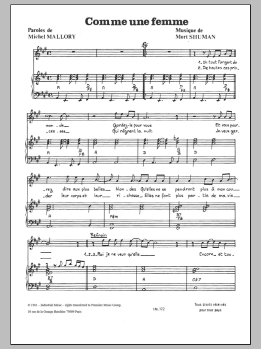 Mort Shuman Comme Une Femme Sheet Music Notes & Chords for Piano & Vocal - Download or Print PDF