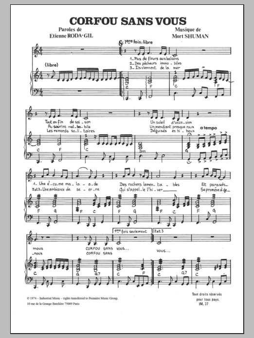 Mort Shuman Corfou, Sans Vous Sheet Music Notes & Chords for Piano & Vocal - Download or Print PDF