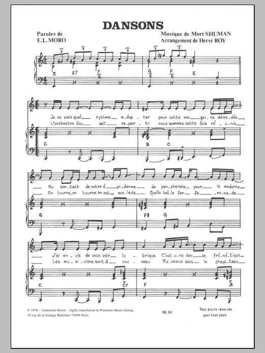 Mort Shuman Dansons Sheet Music Notes & Chords for Piano & Vocal - Download or Print PDF