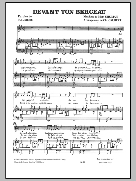 Mort Shuman Devant Ton Berceau Sheet Music Notes & Chords for Piano & Vocal - Download or Print PDF