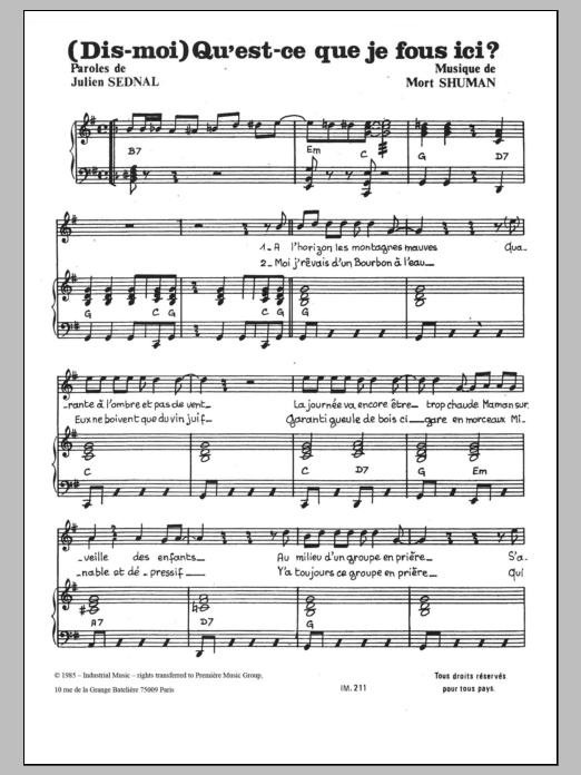 Mort Shuman Dis Mou Qu'est Ce Que Je Fois Ici Sheet Music Notes & Chords for Piano & Vocal - Download or Print PDF