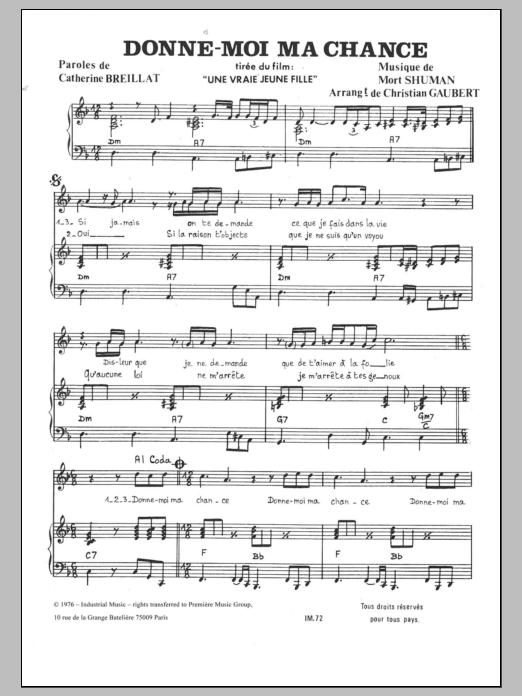 Mort Shuman Donne Moi Ma Chance Sheet Music Notes & Chords for Piano & Vocal - Download or Print PDF