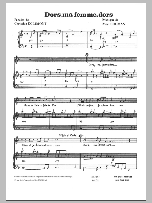 Mort Shuman Dors Ma Femme, Dors Sheet Music Notes & Chords for Piano & Vocal - Download or Print PDF