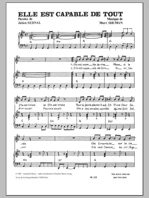 Mort Shuman Elle Est Capable De Tout Sheet Music Notes & Chords for Piano & Vocal - Download or Print PDF