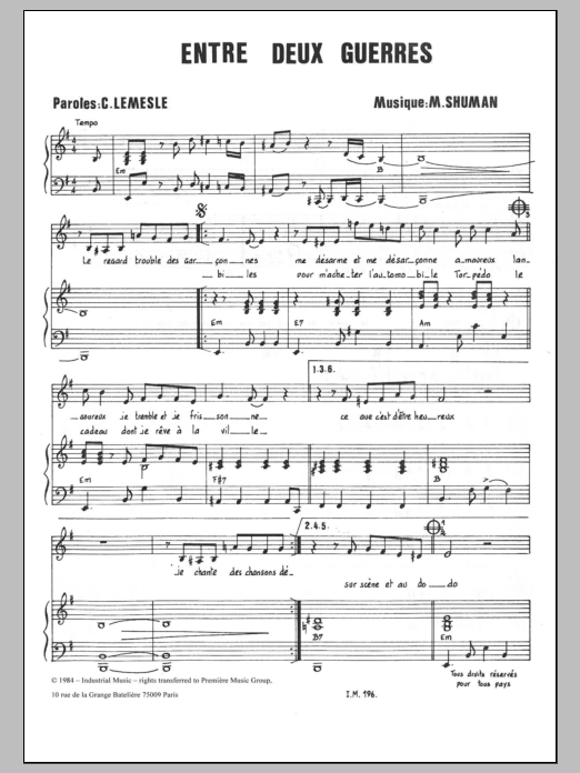 Mort Shuman Entre Deux Guerres Sheet Music Notes & Chords for Piano & Vocal - Download or Print PDF